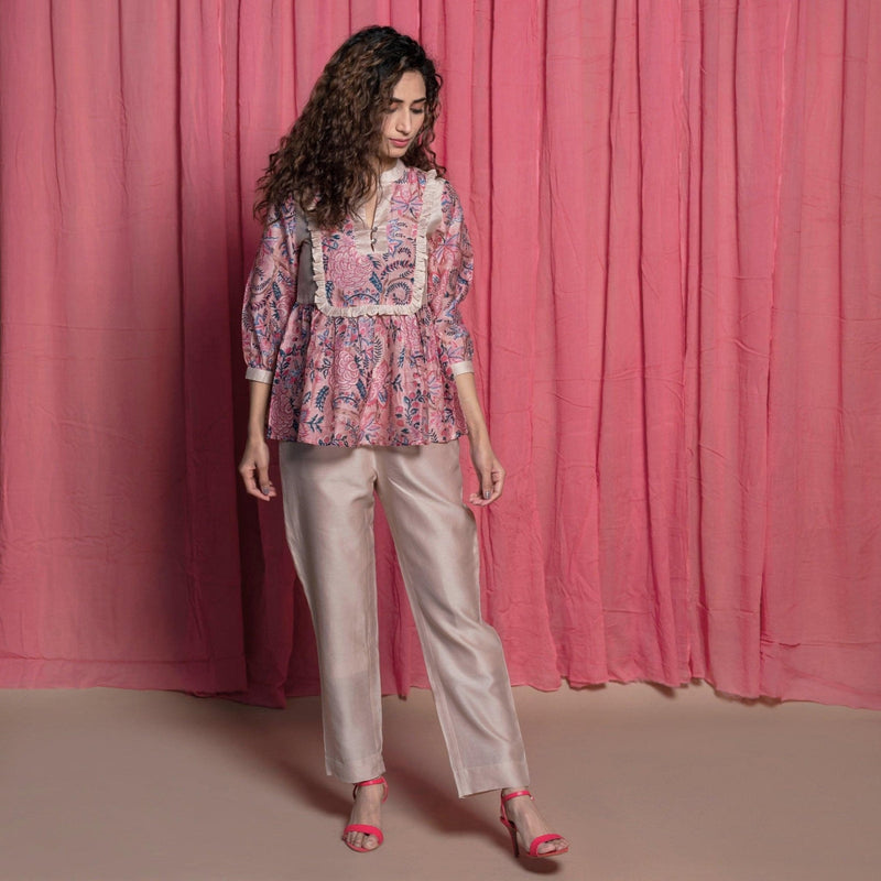 Front View of a Model wearing Dust Pink Chanderi Block Print Frilled Yoked Top