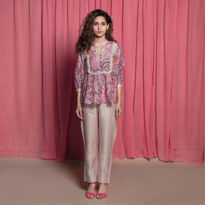 Front View of a Model wearing Dust Pink Chanderi Cotton Block Print Frilled Top