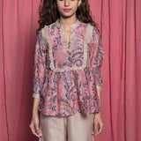 Front Detail of a Model wearing Dust Pink Chanderi Block Print Frilled Yoked Top