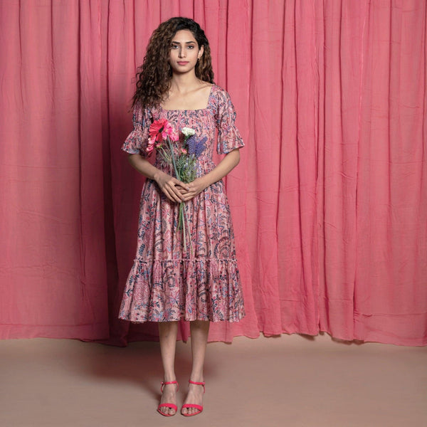 Front View of a Model wearing Dust Pink Floral Chanderi Fit and Flare Dress