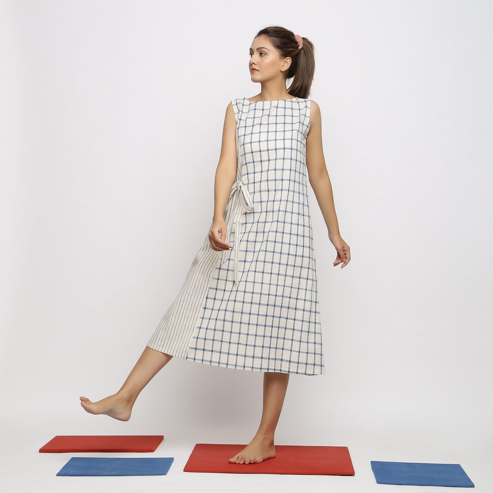 Ecru and Blue Vegetable Dyed Handspun Cotton Sleeveless Midi Dress 38