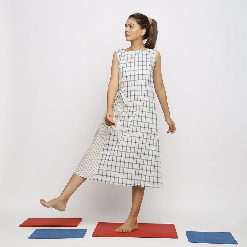 Front View of a Model wearing Vegetable Dyed Blue Checks Paneled Dress