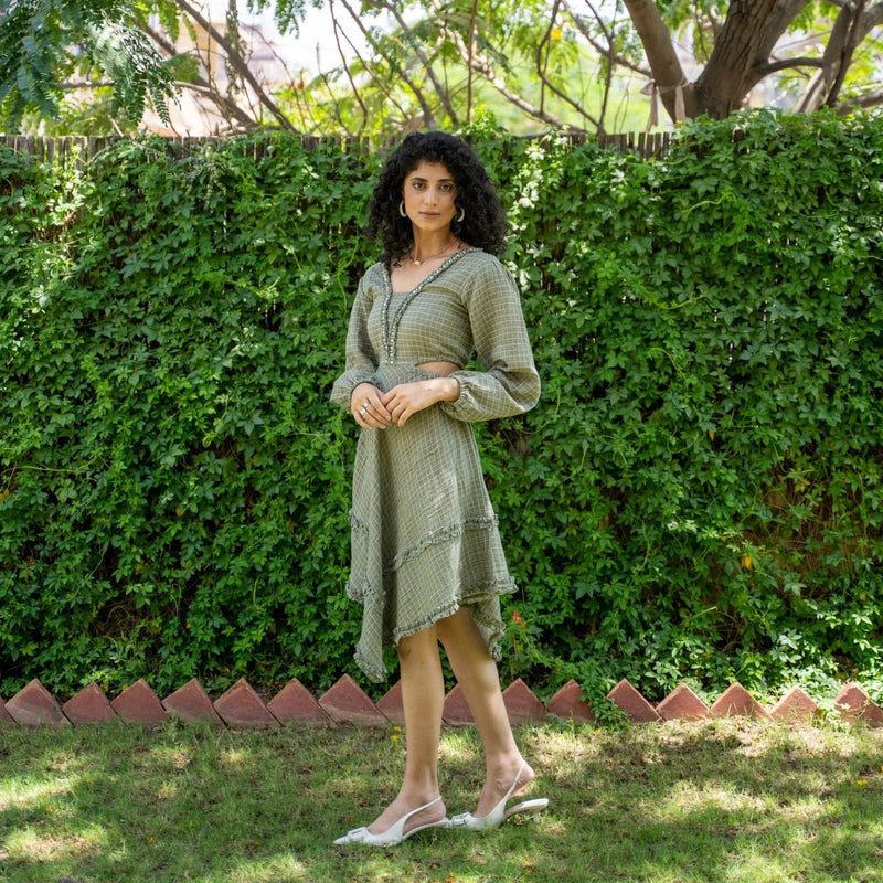 Ecru and Sap Green Checks Crinkled Cotton Asymmetrical Boho Dress Ecru and Sap Green Checks Crinkled Cotton Asymmetrical Boho Dress