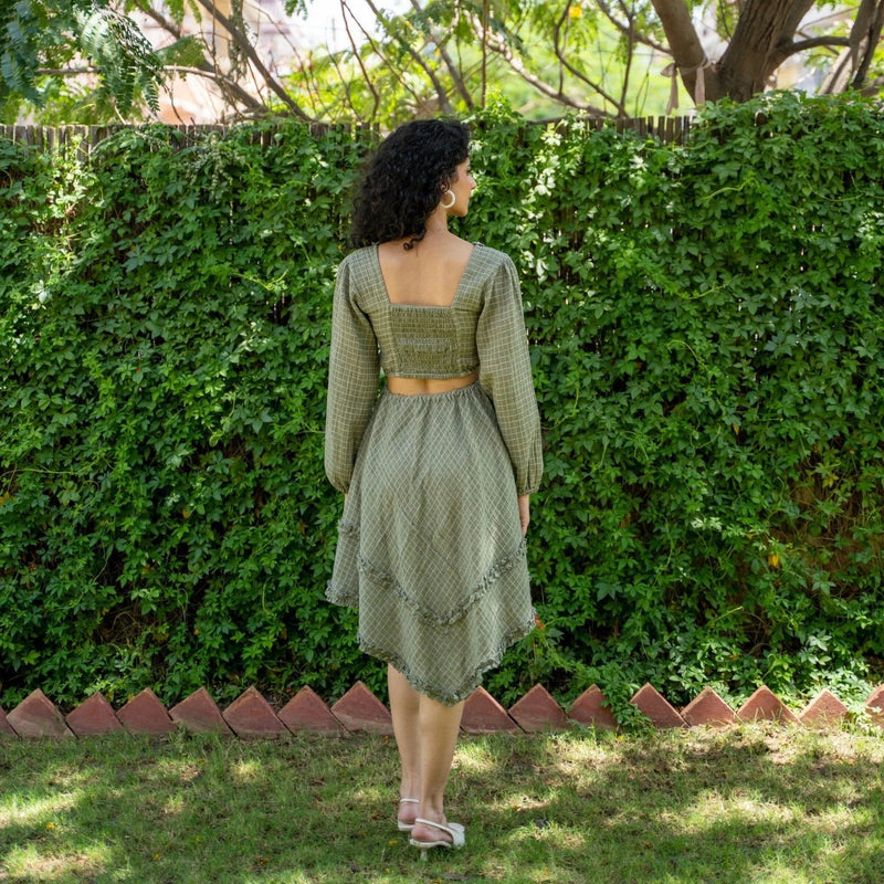 Ecru and Sap Green Checks Crinkled Cotton Asymmetrical Boho Dress