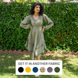 Ecru and Sap Green Checks Crinkled Cotton Asymmetrical Boho Dress