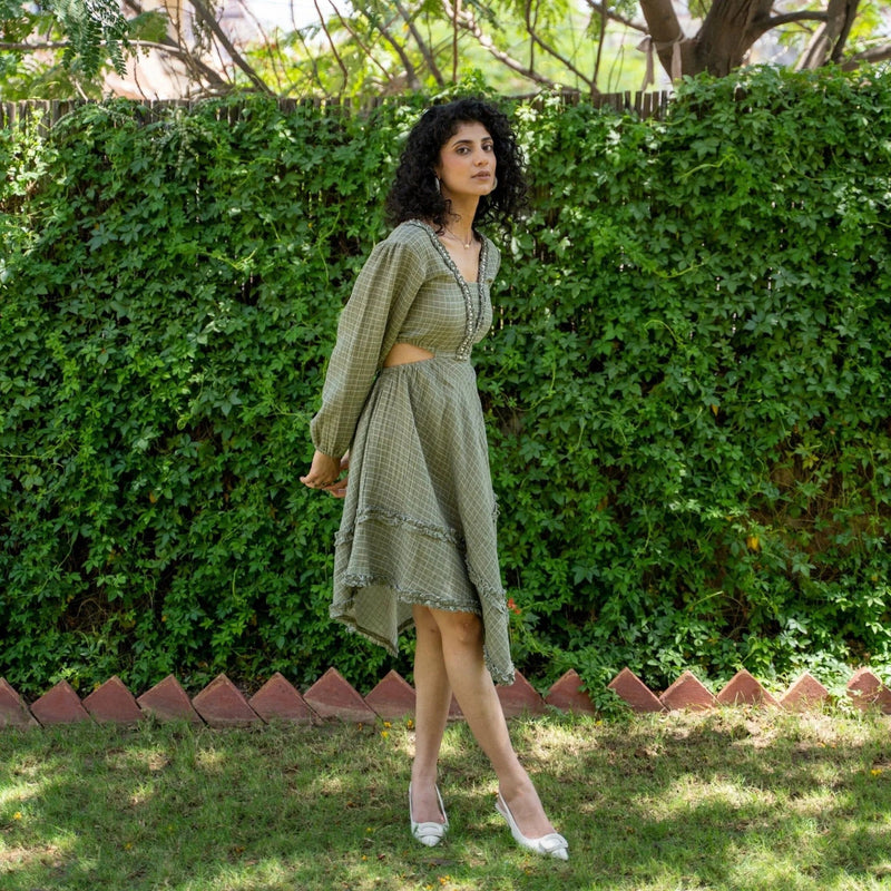 Buy Ecru and Sap Green Checks Crinkled Cotton Asymmetrical Boho Dress Online at SeamsFriendly Buy Ecru and Sap Green Checks Crinkled Cotton Asymmetrical Boho Dress Online at SeamsFriendly