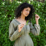 Ecru and Sap Green Checks Crinkled Cotton Asymmetrical Boho Dress