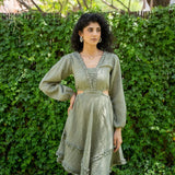 Ecru and Sap Green Checks Crinkled Cotton Asymmetrical Boho Dress