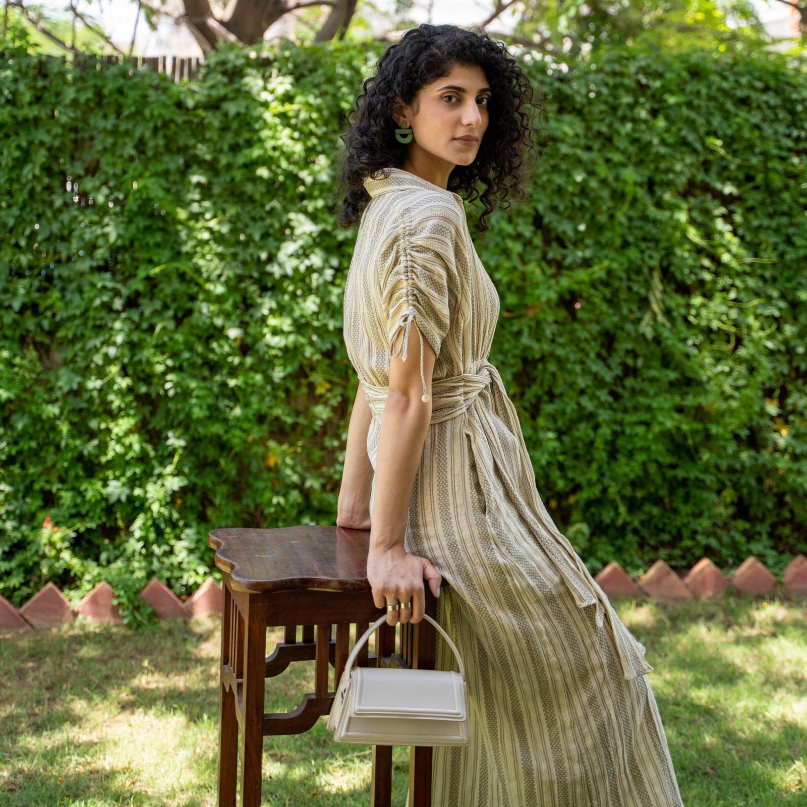 Ecru and Sap Green Crinkled Cotton Boho Maxi Shirt Dress 54" / Custom Height (Free) Ecru and Sap Green Crinkled Cotton Boho Maxi Shirt Dress 54" / Custom Height (Free)