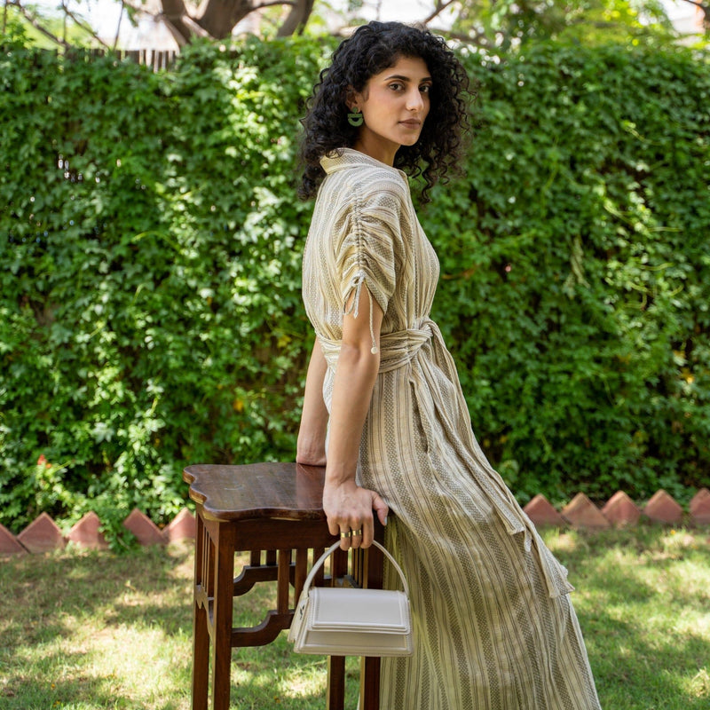 Ecru and Sap Green Crinkled Cotton Boho Maxi Shirt Dress 34" / Custom Height (Free) Ecru and Sap Green Crinkled Cotton Boho Maxi Shirt Dress 34" / Custom Height (Free)
