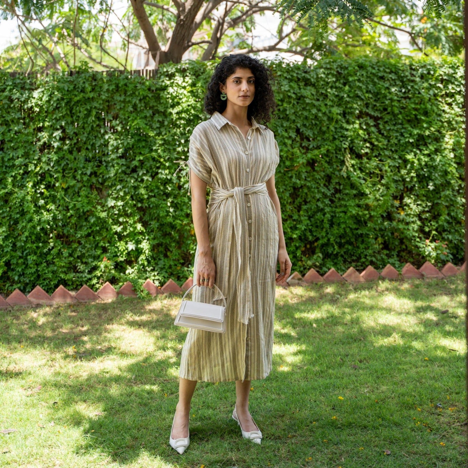 Ecru and Sap Green Crinkled Cotton Boho Maxi Shirt Dress 34" / Custom Height (Free) Ecru and Sap Green Crinkled Cotton Boho Maxi Shirt Dress 34" / Custom Height (Free)