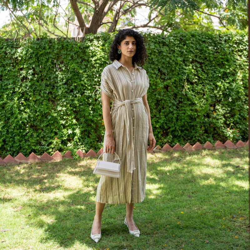 Ecru and Sap Green Crinkled Cotton Boho Maxi Shirt Dress 34" / Custom Height (Free) Ecru and Sap Green Crinkled Cotton Boho Maxi Shirt Dress 34" / Custom Height (Free)