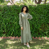 Ecru and Sap Green Crinkled Cotton Front Slit Boho Dress