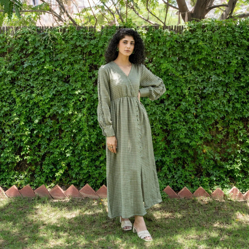 Ecru and Sap Green Crinkled Cotton Front Slit Boho Dress Ecru and Sap Green Crinkled Cotton Front Slit Boho Dress