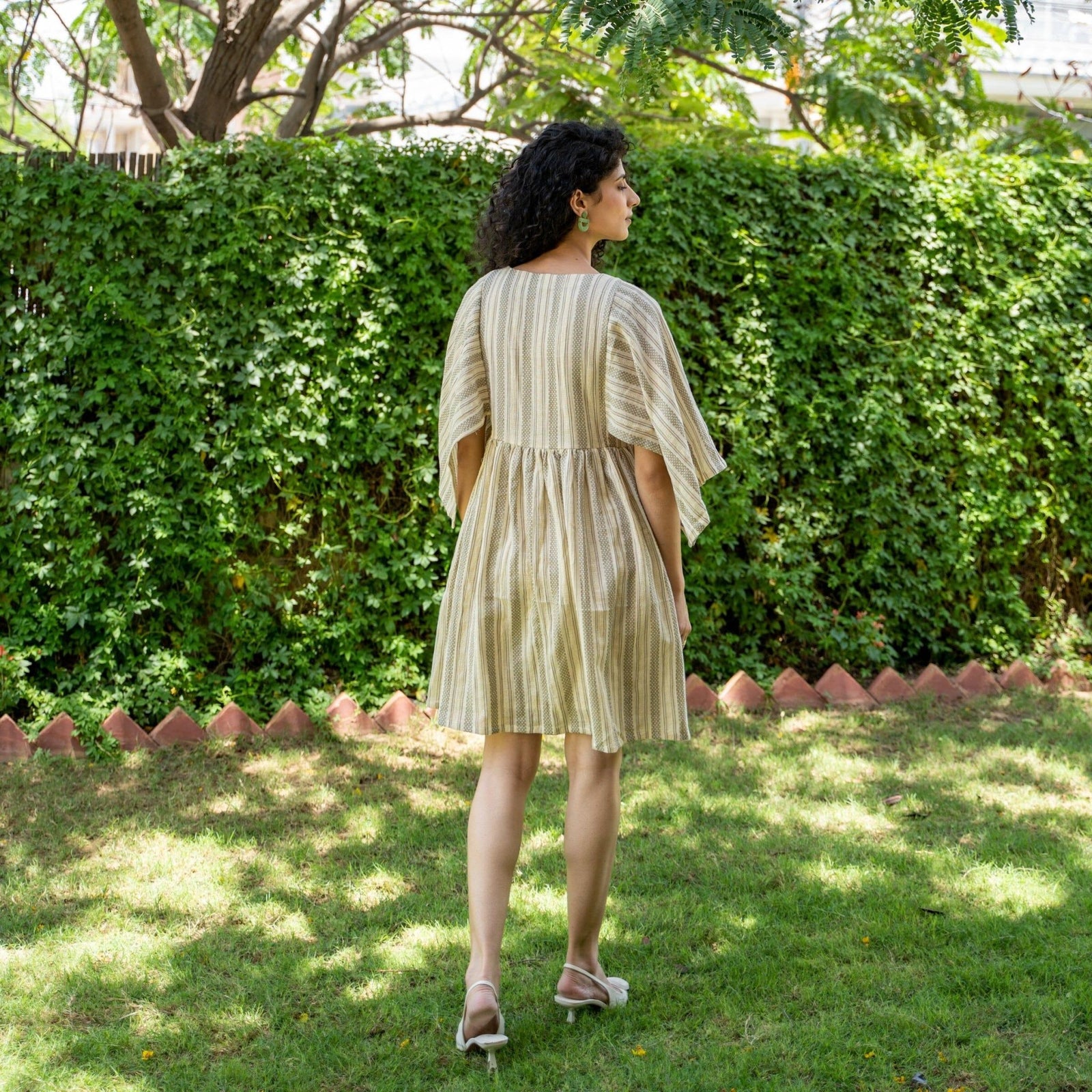 Ecru and Sap Green Crinkled Cotton Open Sleeve Bohemian Short Dress 62" / Tall (5'7" and above) Ecru and Sap Green Crinkled Cotton Open Sleeve Bohemian Short Dress 62" / Tall (5'7" and above)