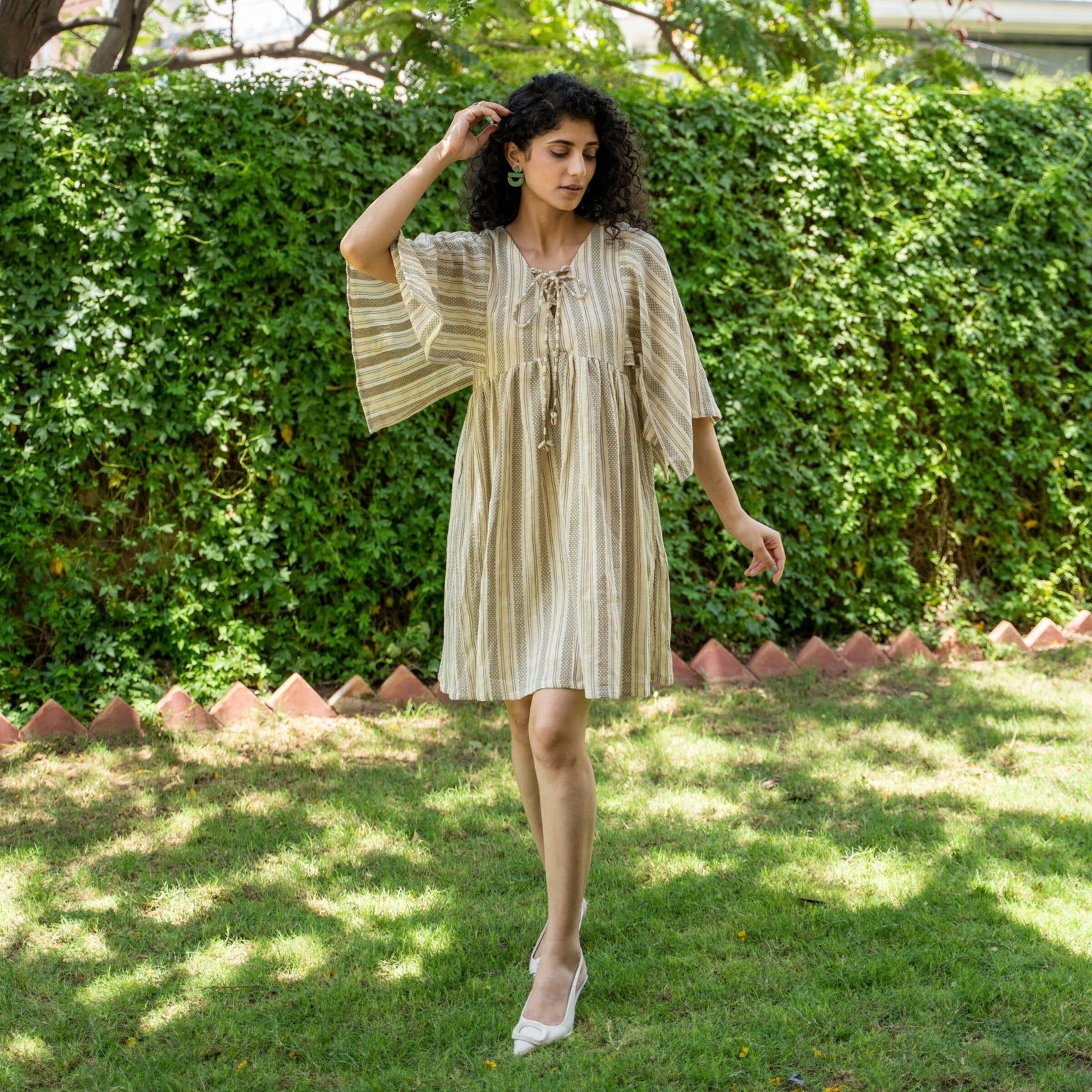 Ecru and Sap Green Crinkled Cotton Open Sleeve Bohemian Short Dress 62" / Tall (5'7" and above) Ecru and Sap Green Crinkled Cotton Open Sleeve Bohemian Short Dress 62" / Tall (5'7" and above)