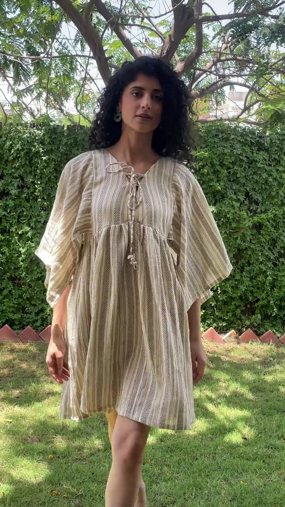 Ecru and Sap Green Crinkled Cotton Open Sleeve Bohemian Short Dress 48