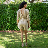 Ecru and Sap Green Crinkled Cotton Ruched Sleeve Boho Playsuit