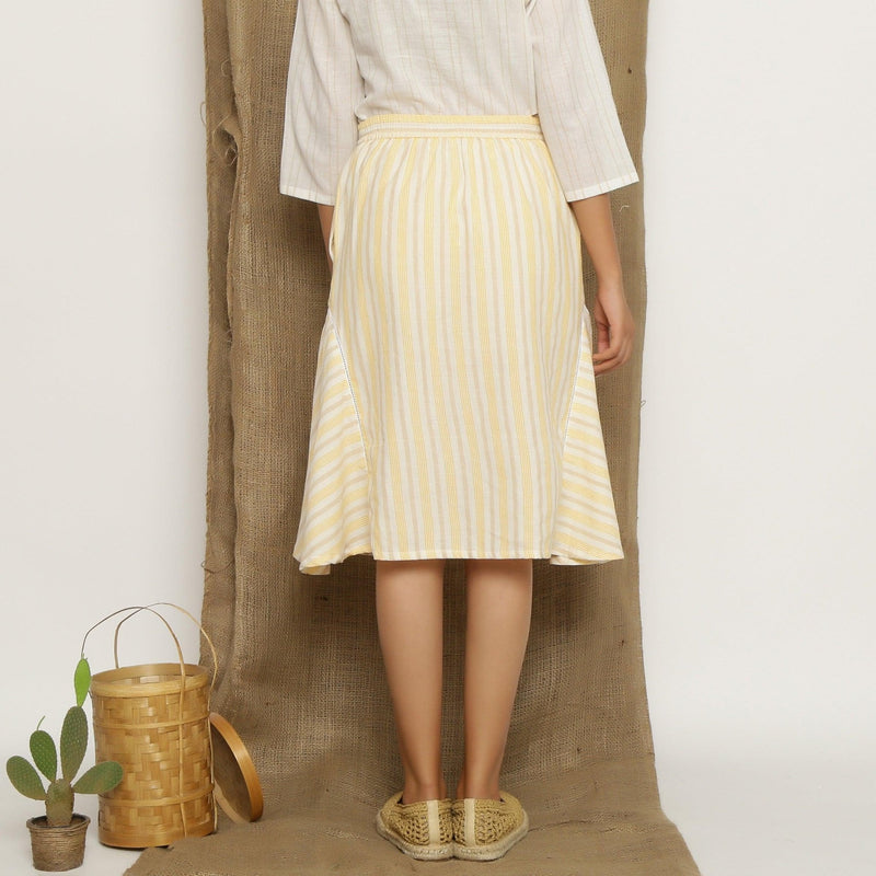 Ecru and Yellow Striped Handspun Cotton Elasticated Midi Skirt