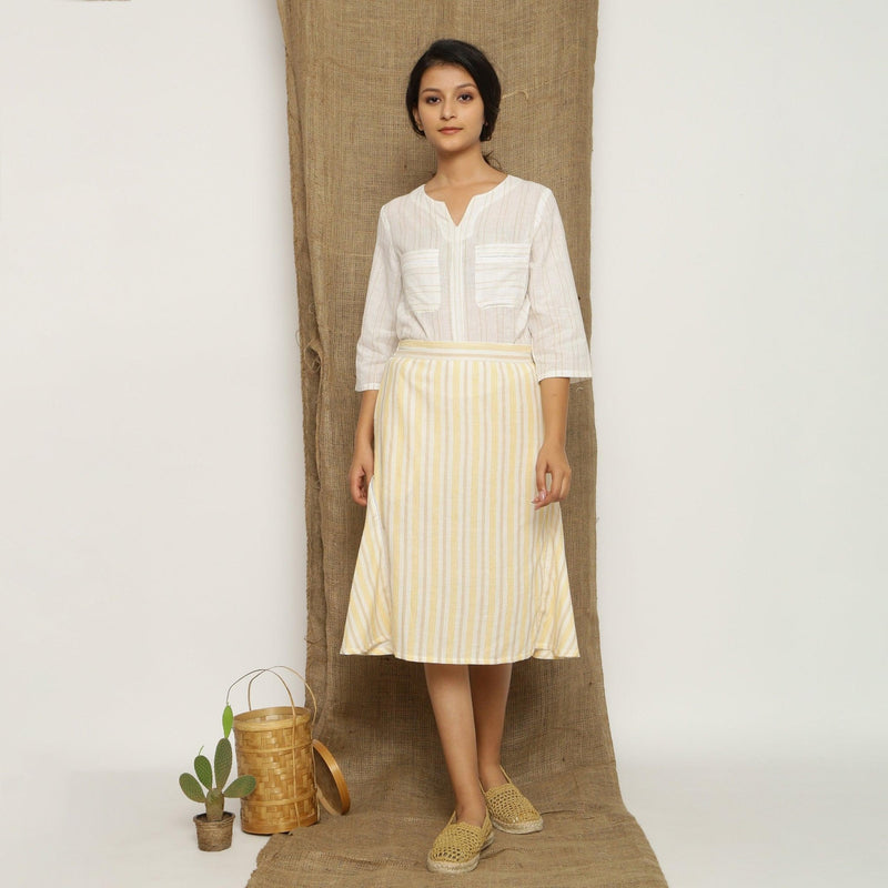 Ecru and Yellow Striped Handspun Cotton Elasticated Midi Skirt