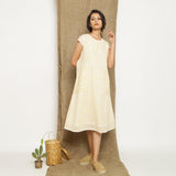 Ecru and Yellow Striped Handspun Cotton Midi Yoked Dress