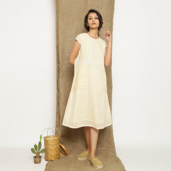 Ecru and Yellow Striped Handspun Cotton Midi Yoked Dress