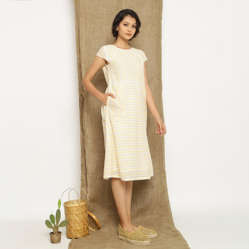 Ecru and Yellow Striped Handspun Cotton Midi Yoked Dress