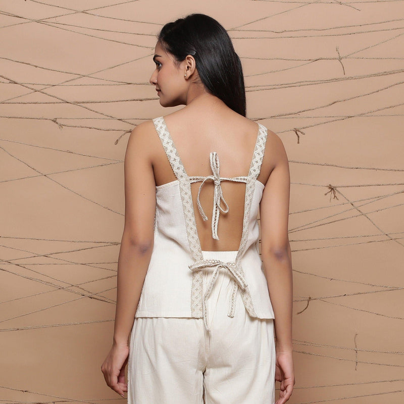 Back Detail of a Model wearing Handspun Jute Laced Tank Top and Pant Set