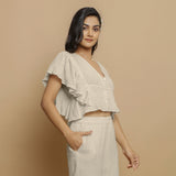 Ecru Crinkled Cotton Flax Crop Top and Pant Co-ord Set