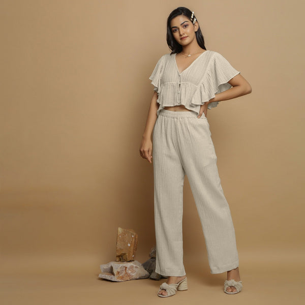 Ecru Crinkled Cotton Flax Crop Top and Pant Co-ord Set