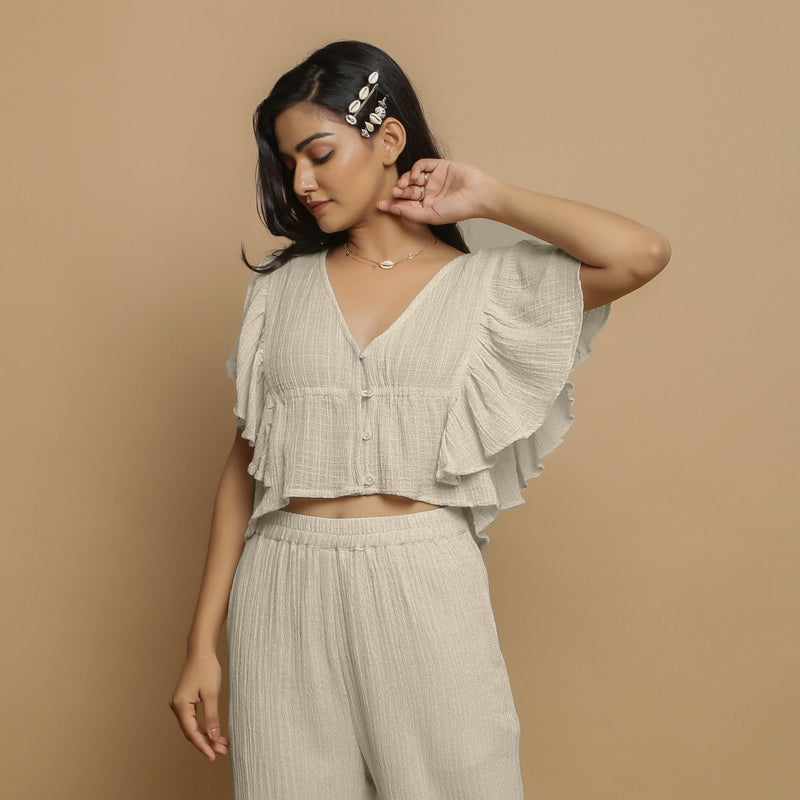 Ecru Crinkled Cotton Flax Crop Top and Pant Co-ord Set