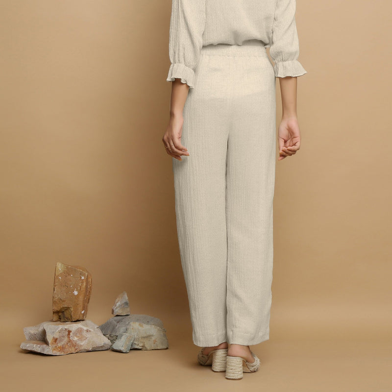 Ecru Crinkled Cotton Flax Crop Top and Pant Co-ord Set