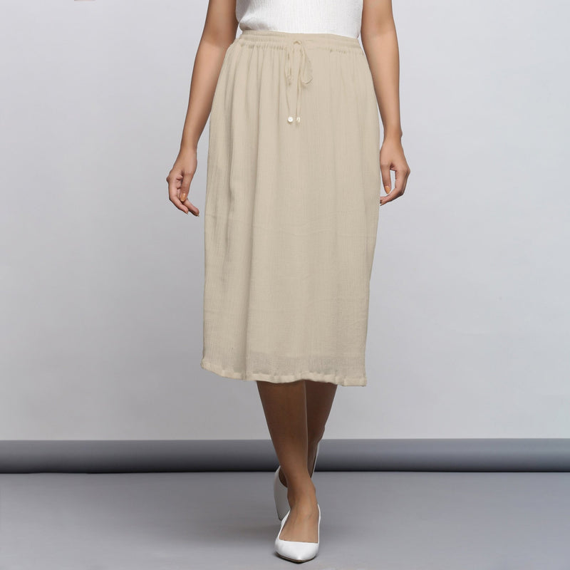 Ecru Crinkled Cotton Flax Elasticated Flared Midi Skirt