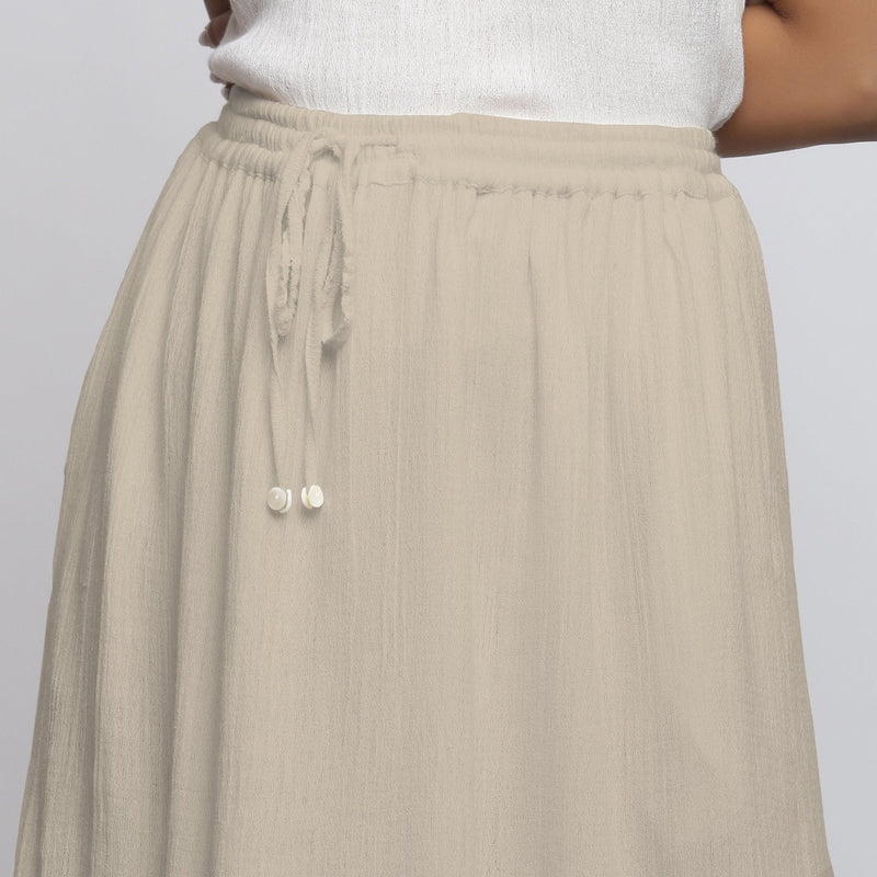 Ecru Crinkled Cotton Flax Elasticated Flared Midi Skirt