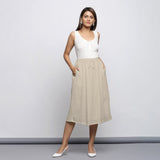 Ecru Crinkled Cotton Flax Elasticated Flared Midi Skirt