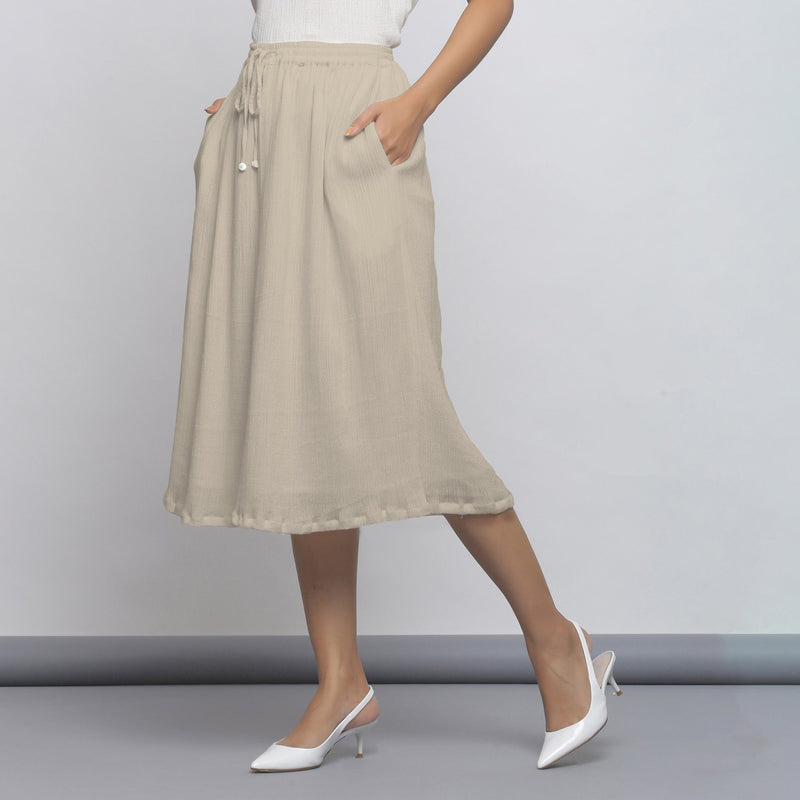 Ecru Crinkled Cotton Flax Elasticated Flared Midi Skirt