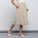 Ecru Crinkled Cotton Flax Elasticated Flared Midi Skirt