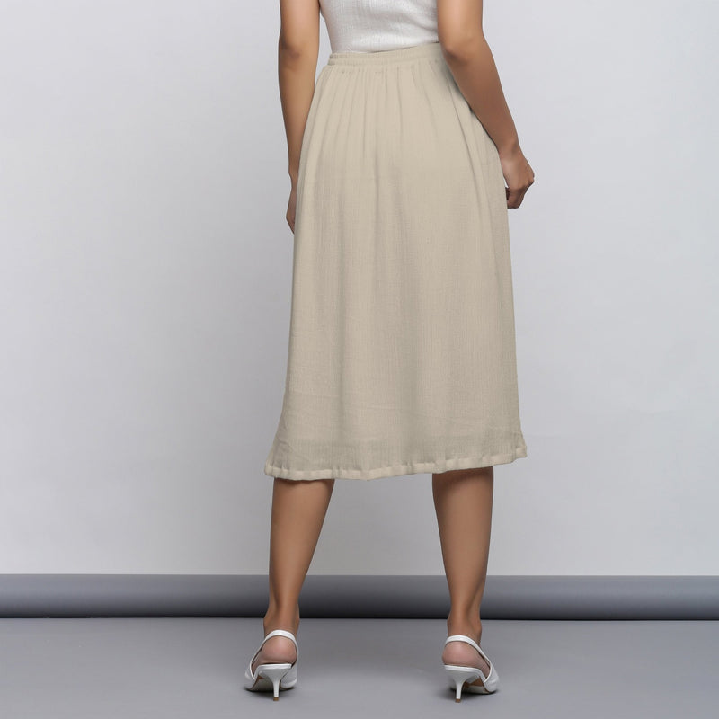 Ecru Crinkled Cotton Flax Elasticated Flared Midi Skirt