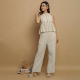 Ecru Crinkled Cotton Flax Halter Neck Top and Pant Co-ord Set