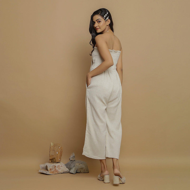 Back View of a Model wearing Undyed Cotton Flax Straight Jumpsuit