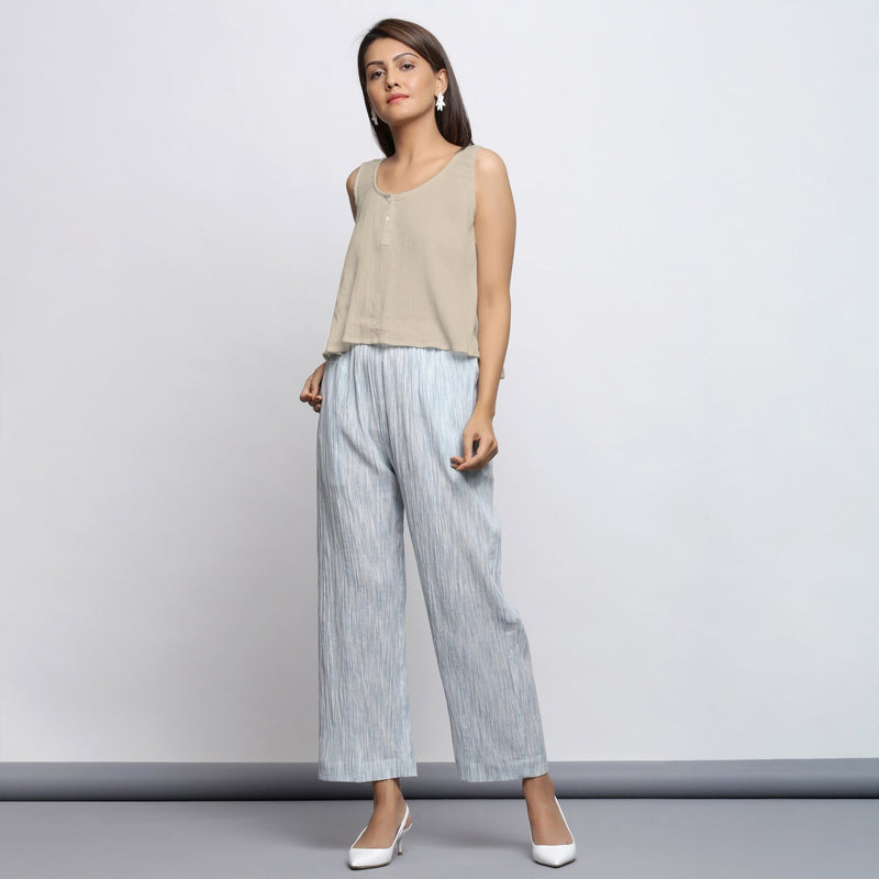 Ecru Crinkled Cotton Flax Round Neck Sleeveless Top
