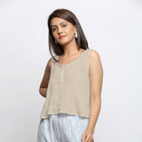 Ecru Crinkled Cotton Flax Round Neck Sleeveless Top