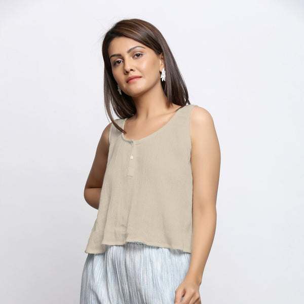 Ecru Crinkled Cotton Flax Round Neck Sleeveless Top