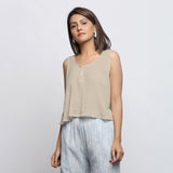 Ecru Crinkled Cotton Flax Round Neck Sleeveless Top