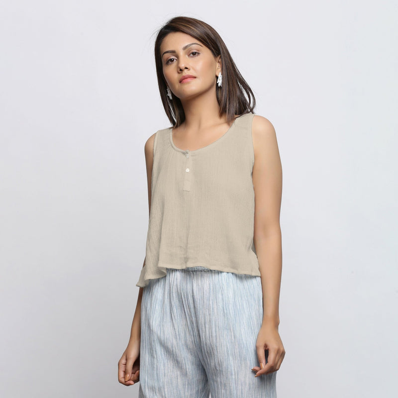 Ecru Crinkled Cotton Flax Round Neck Sleeveless Top