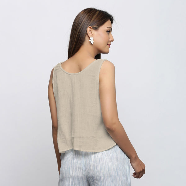 Ecru Crinkled Cotton Flax Round Neck Sleeveless Top