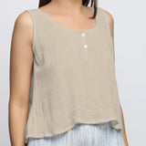 Ecru Crinkled Cotton Flax Round Neck Sleeveless Top