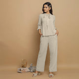 Ecru Crinkled Cotton Flax Tie-Neck Top and Pant Co-ord Set