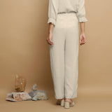 Ecru Crinkled Cotton Flax Tie-Neck Top and Pant Co-ord Set