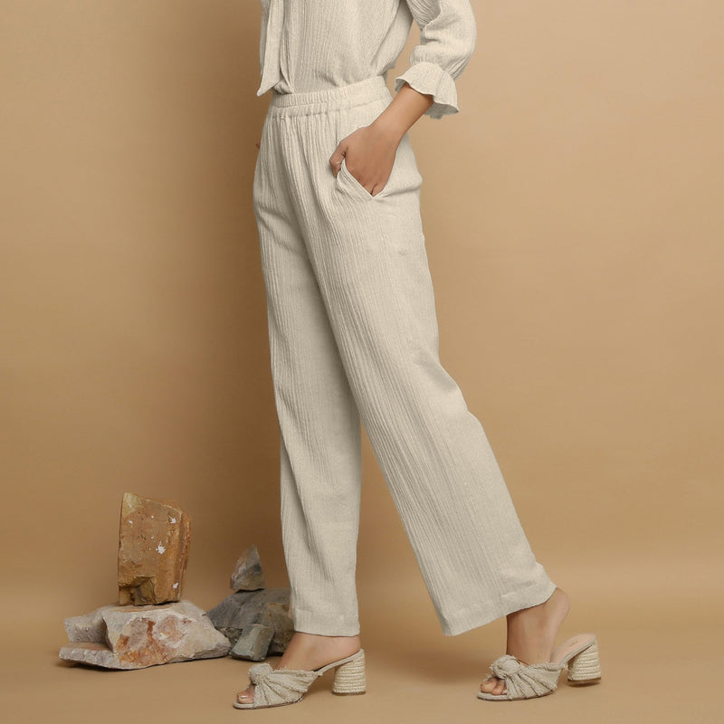 Ecru Crinkled Cotton Flax Tie-Neck Top and Pant Co-ord Set